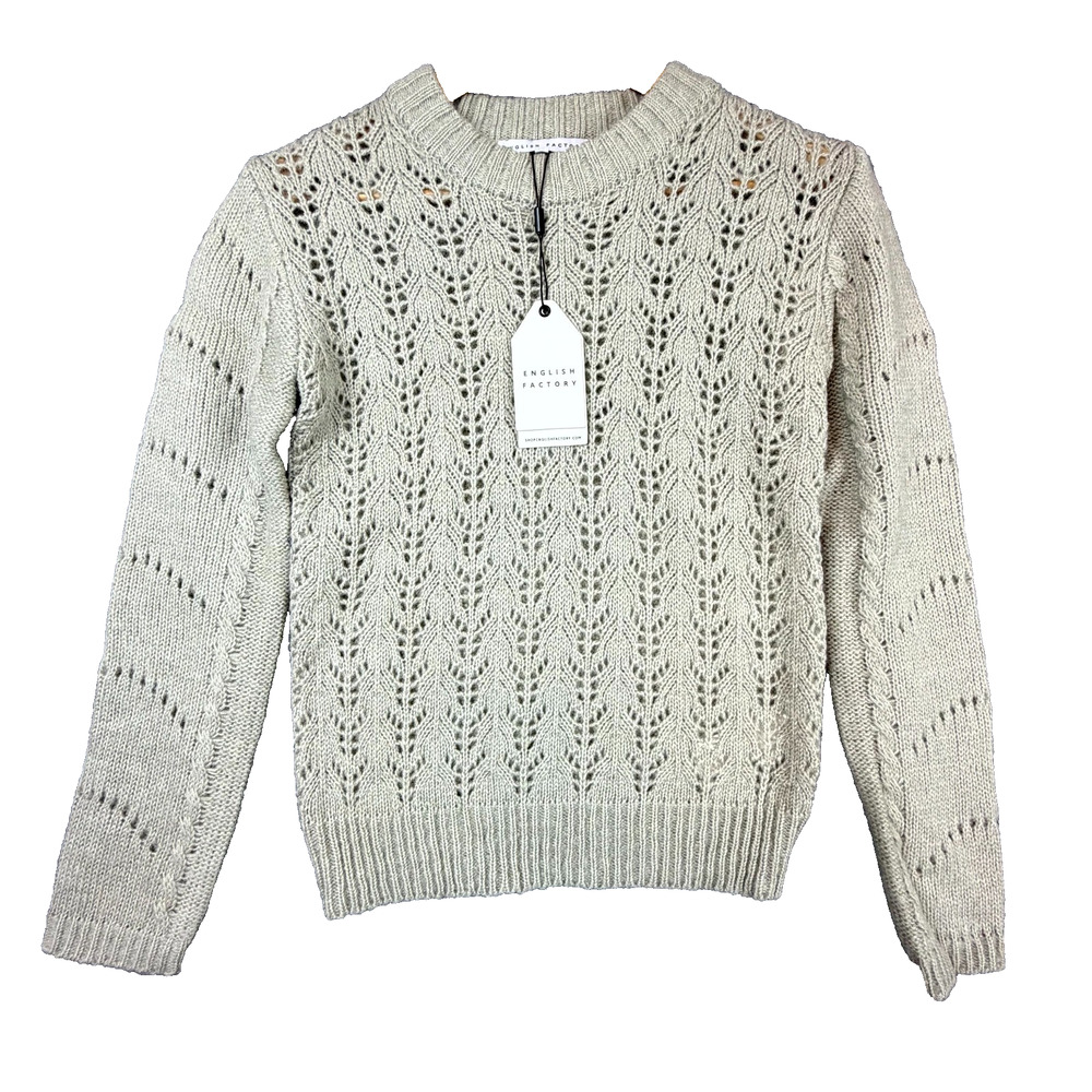 English Factory Fuzzy Knit Sweater Womens XS Heather Gray Eyelet Cozy Cabin